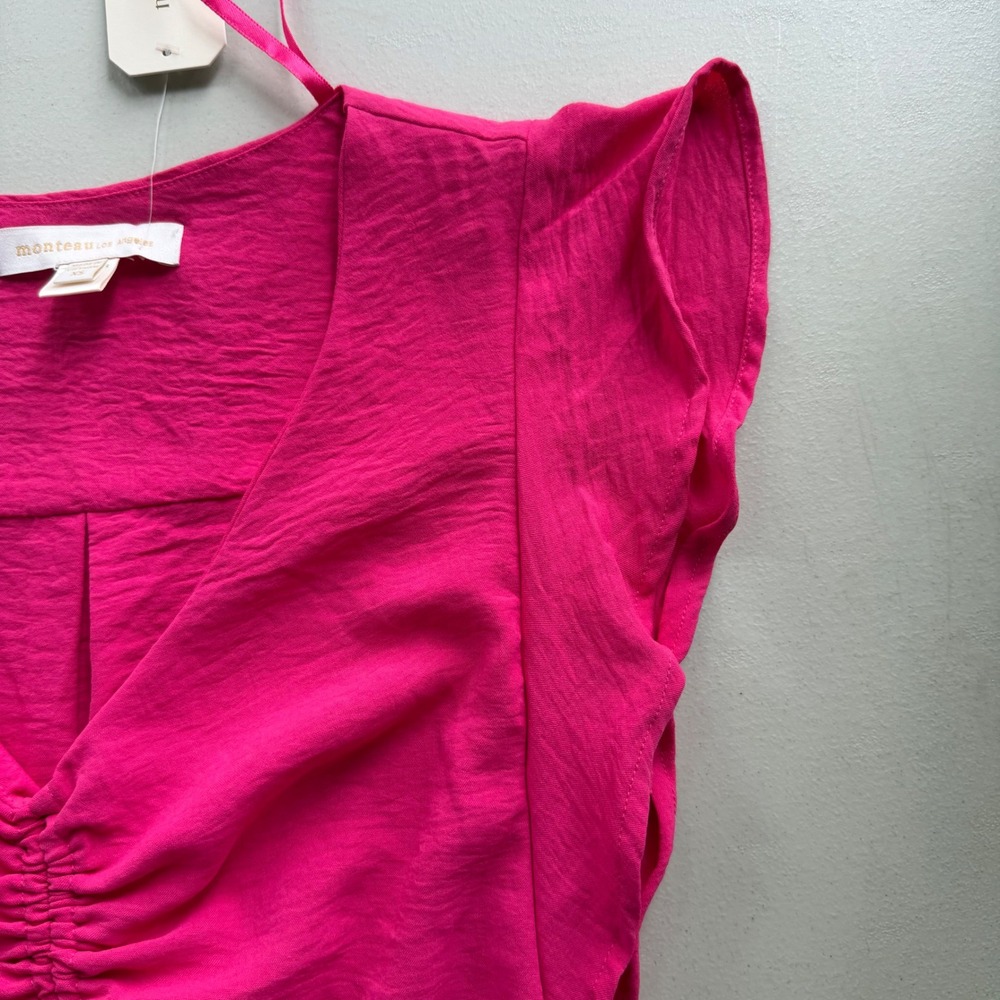 Monteau Los Angeles Women XS Hot Pink Ruched FlutterSleeve Mini Dress Barbiecore - Picture 7 of 13